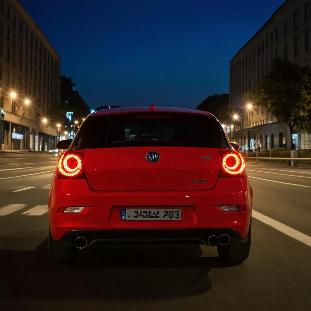 Voiture futuriste avec des lumières sur les roues dans une rue de nuit