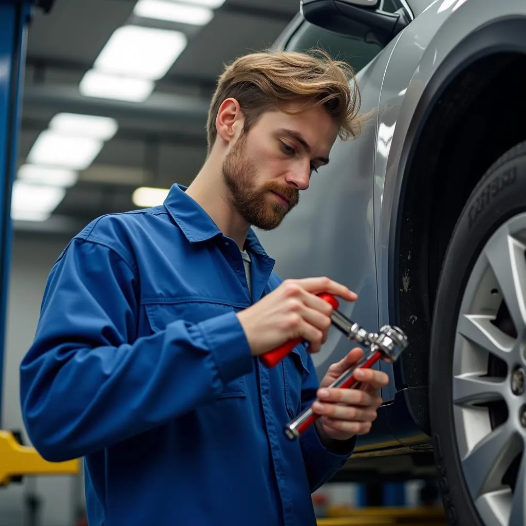 Mécanicien réparant un véhicule dans un garage automobile