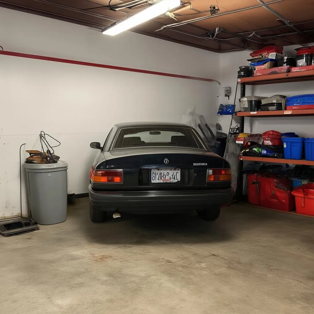 Un garage automobile propre et organisé avec de l'encens qui brûle.