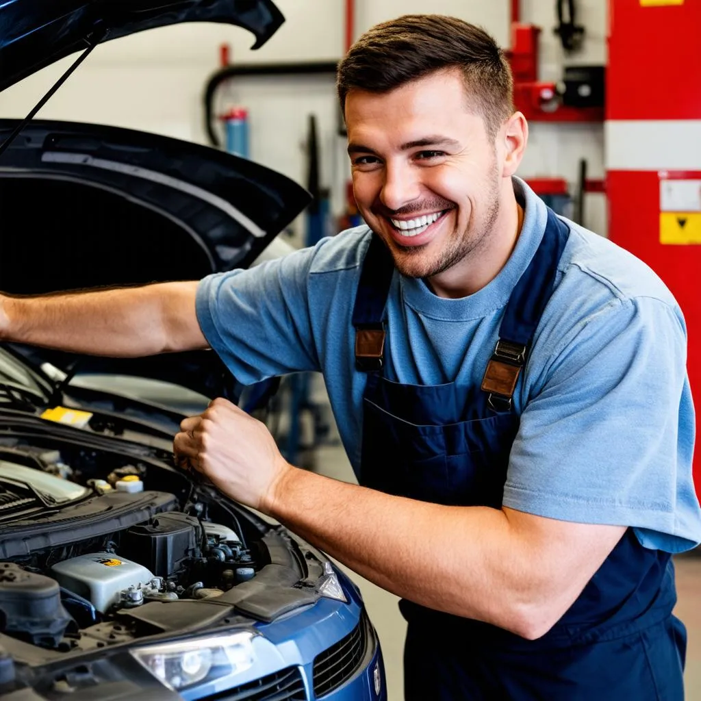 Mécanicien souriant réparant une voiture dans un garage