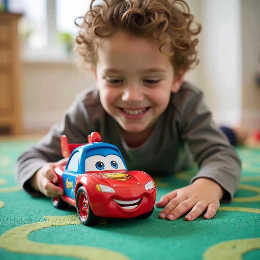 Garçon jouant avec une voiture miniature sur un tapis