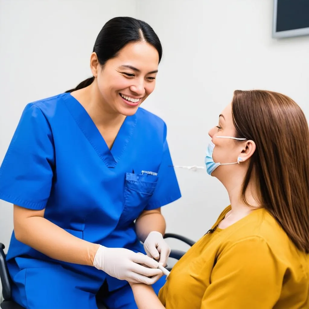 Dentiste souriant parlant avec une patiente