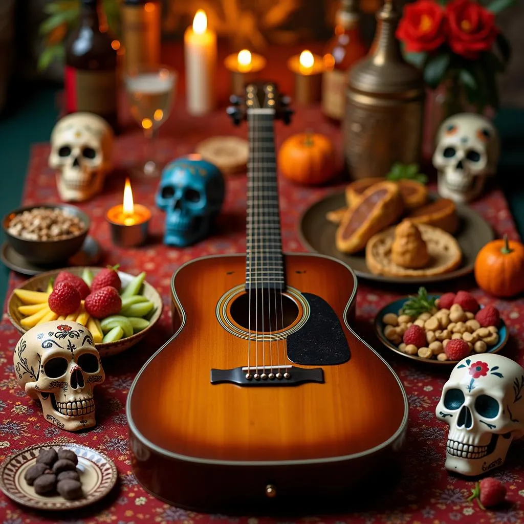 Guitare sur un autel avec offrandes pour le Jour des Morts