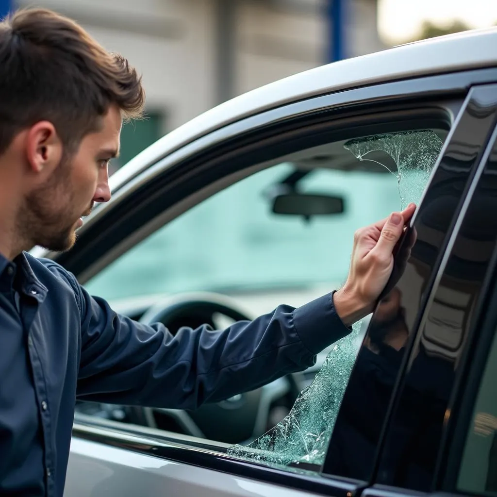 Inspection des vitres d'une voiture endommagée par la grêle