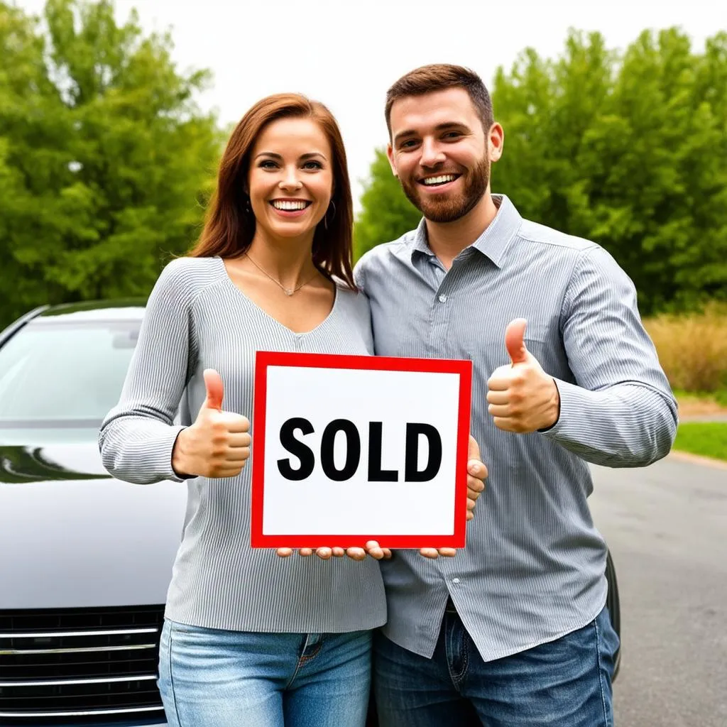 couple heureux vendant une voiture en ligne