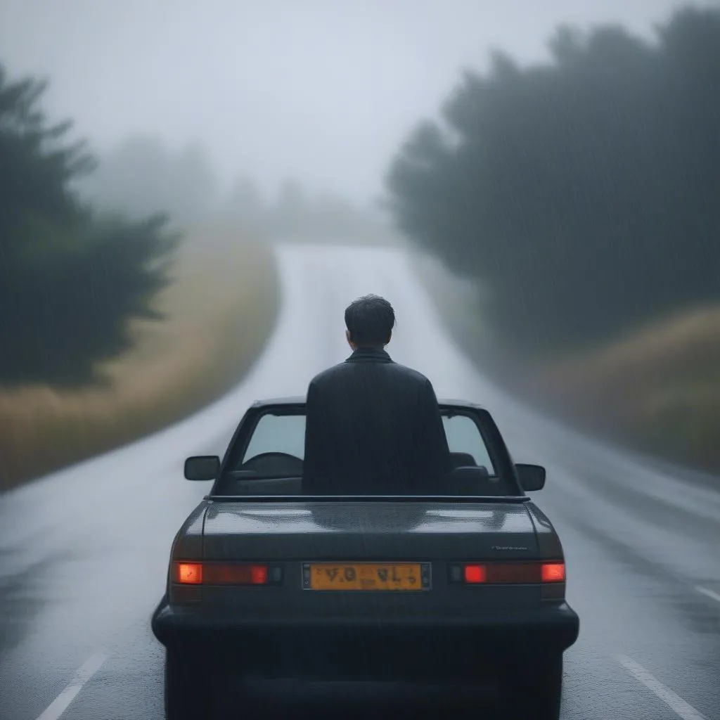 Homme conduisant sous la pluie avec une mauvaise visibilité