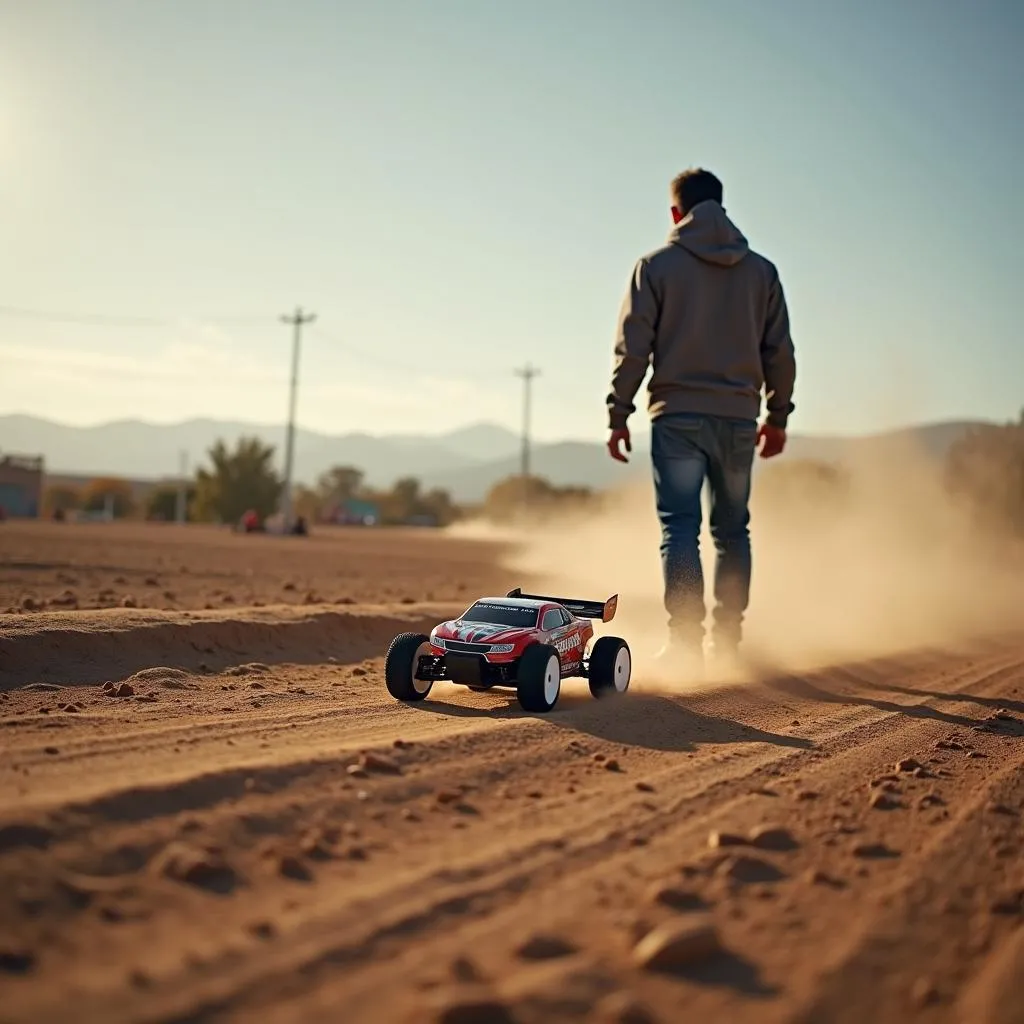 Homme conduisant une voiture RC rapide