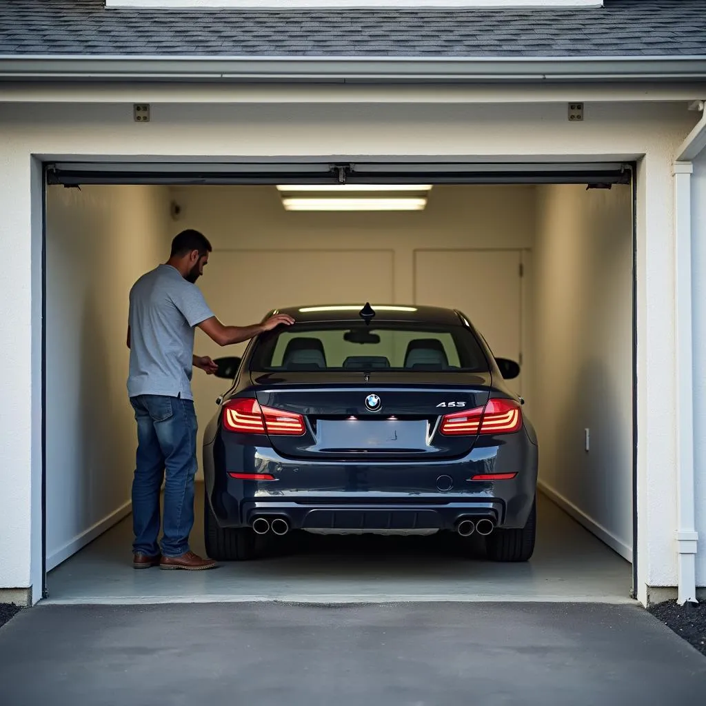 Homme garant sa voiture dans un espace de stockage proche