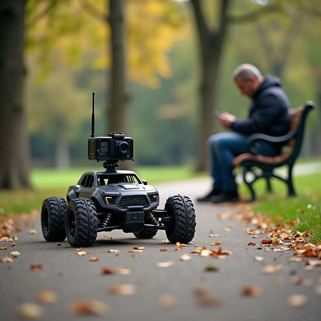 Homme pilotant une voiture RC avec caméra dans un parc