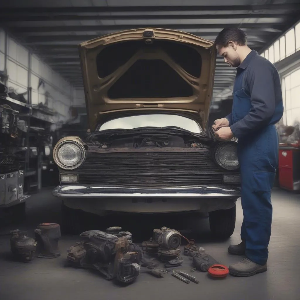 Inspection d'une voiture d'occasion par un mécanicien