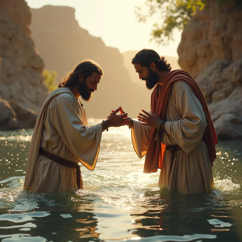 Jean-Baptiste baptise Jésus dans le Jourdain