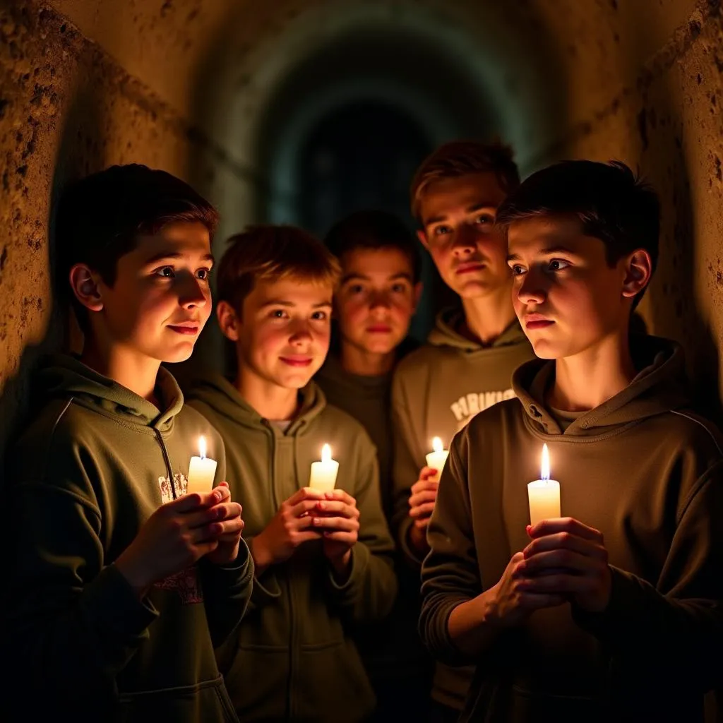 Jeunes en prière dans les catacombes de Rome