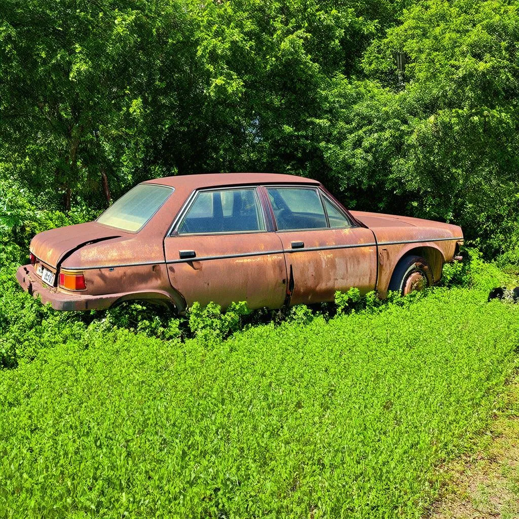 Voiture épave dans un jardin