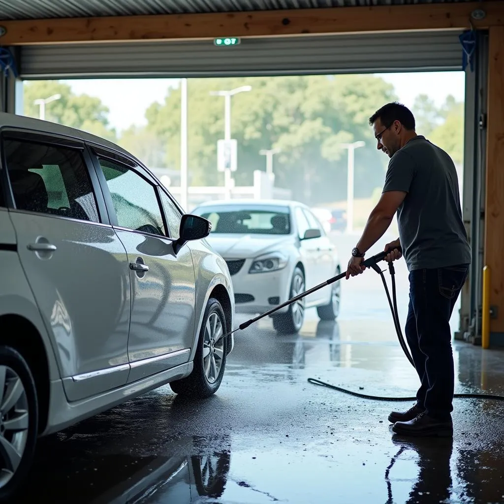 Lavage haute pression dans une station-service