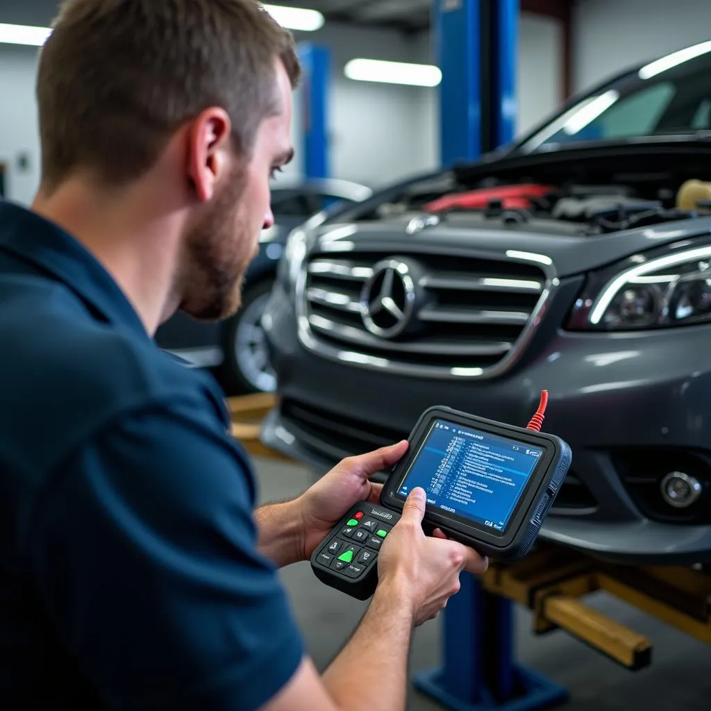 Mécanicien utilisant un lecteur OBD dans un garage