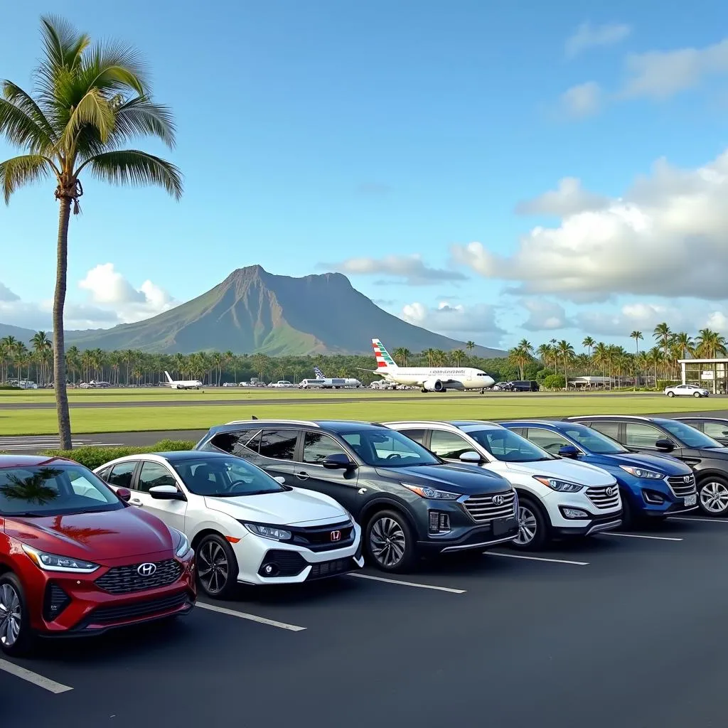 Vue panoramique de l'aéroport d'Honolulu avec voitures de location