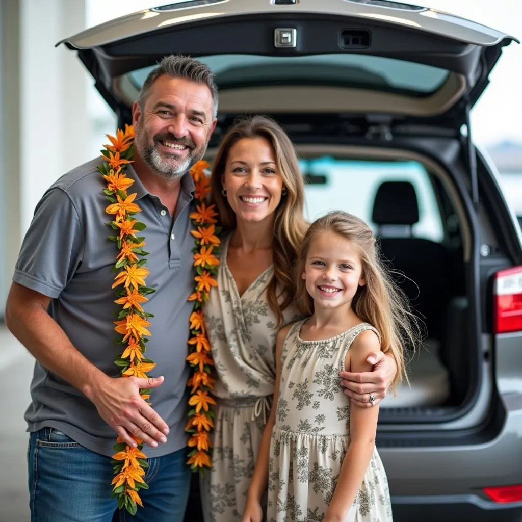 Famille heureuse récupérant leur voiture de location à l'aéroport d'Honolulu