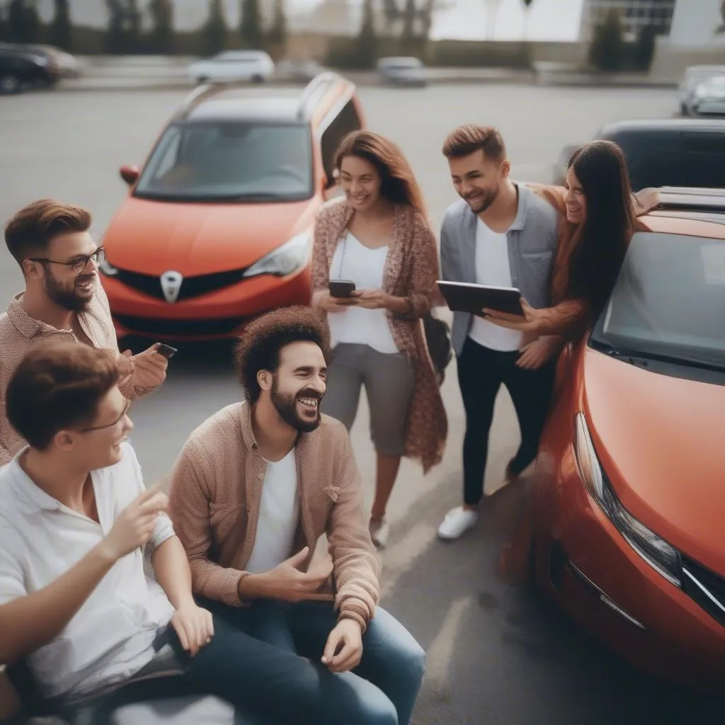 Un groupe d'amis choisissant une voiture de location