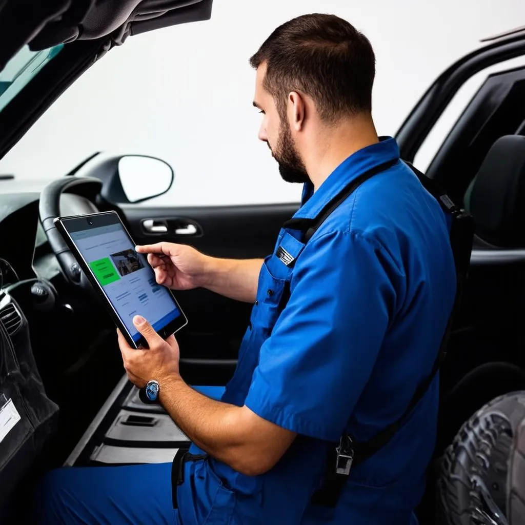 Mécanicien automobile utilisant un outil de diagnostic