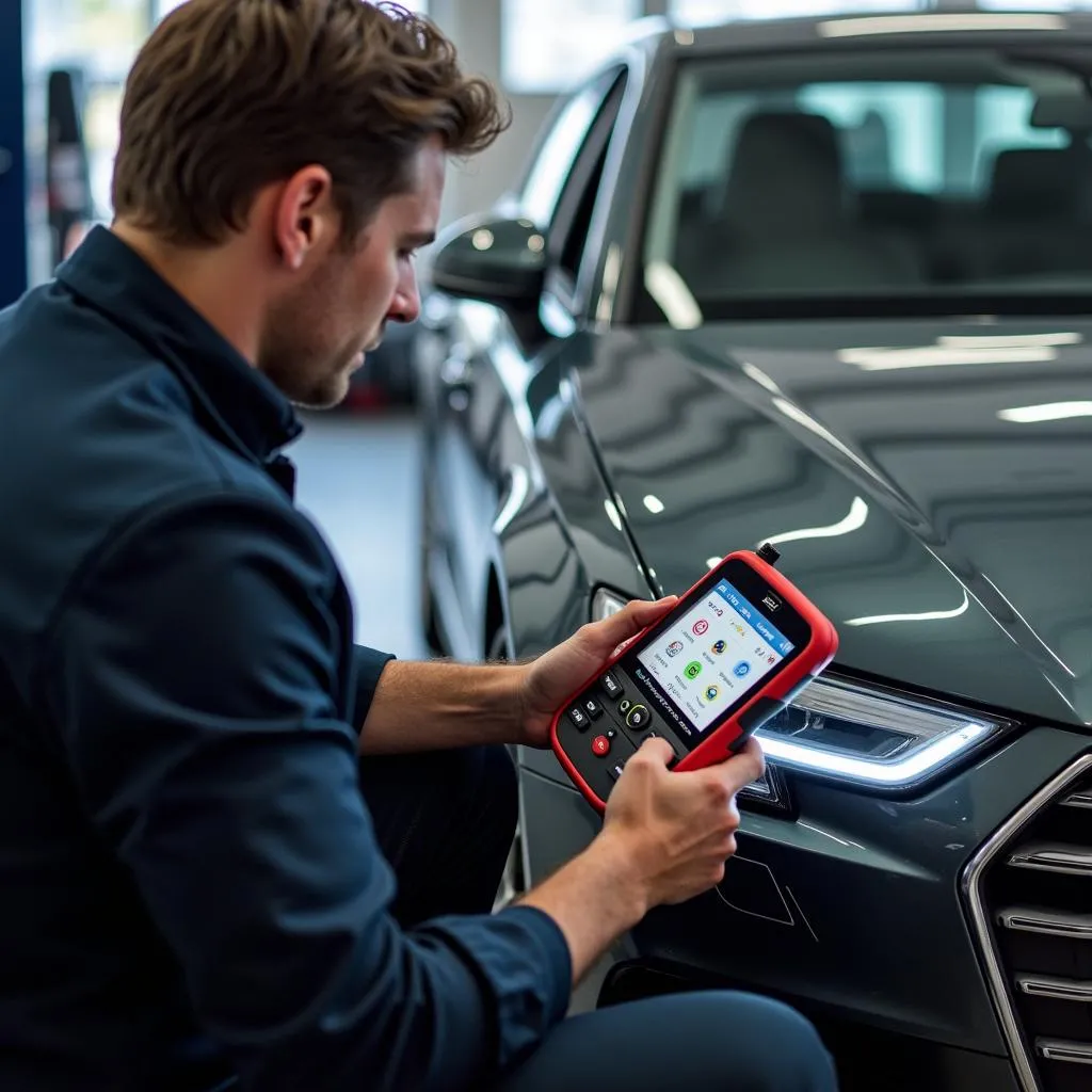 Mécanicien utilisant un outil de diagnostic Autel sur une Audi A4