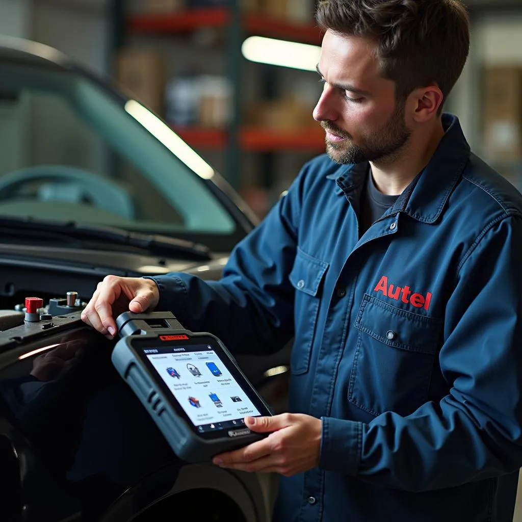 Mécanicien utilisant l'outil de diagnostic Autel