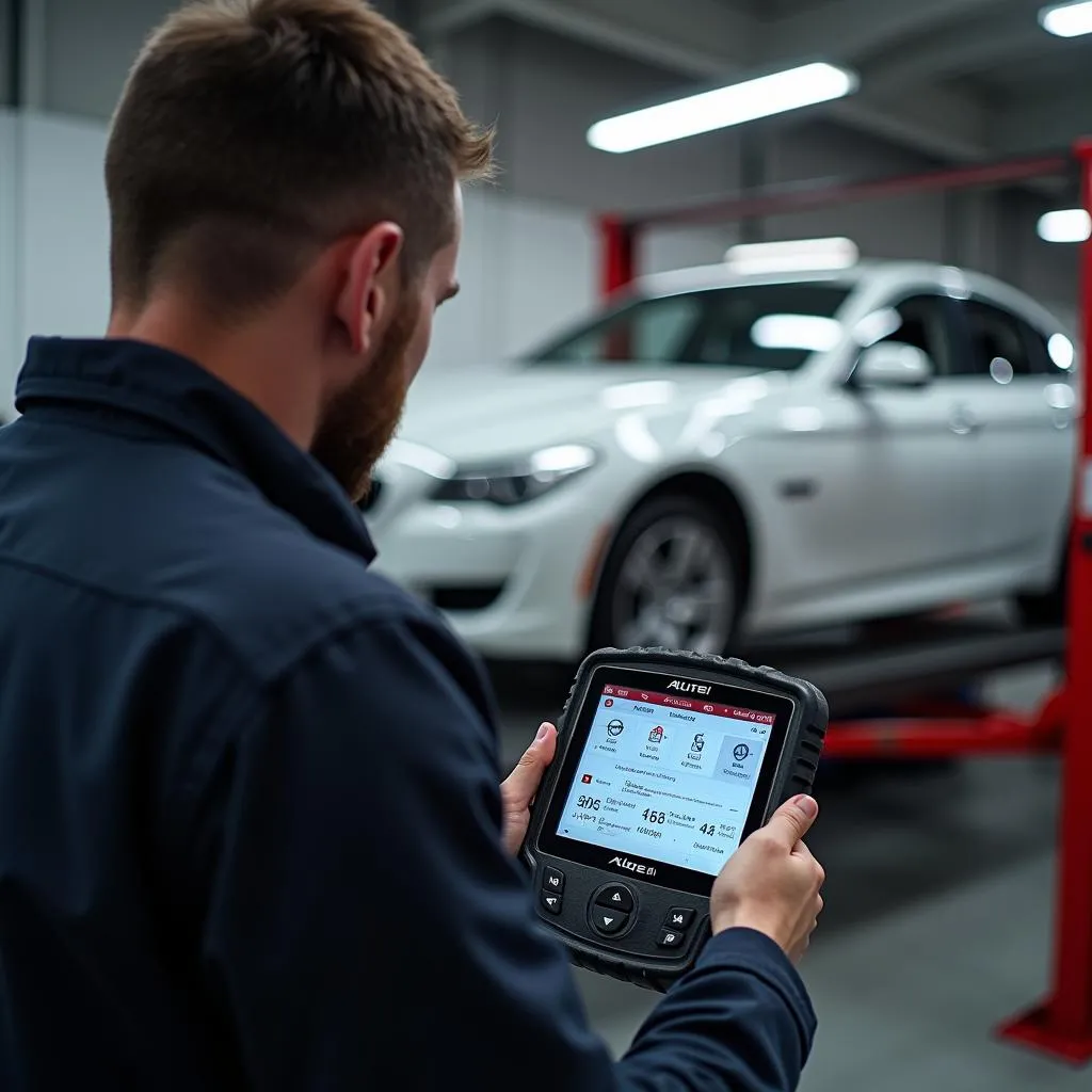 Mécanicien utilisant un outil de diagnostic Autel dans un garage