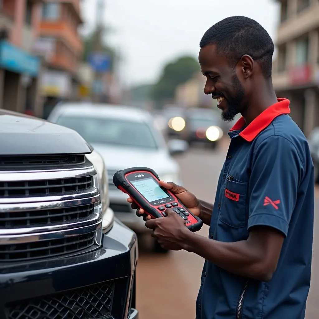 Mécanicien utilisant Autel sur une Voiture au Rwanda