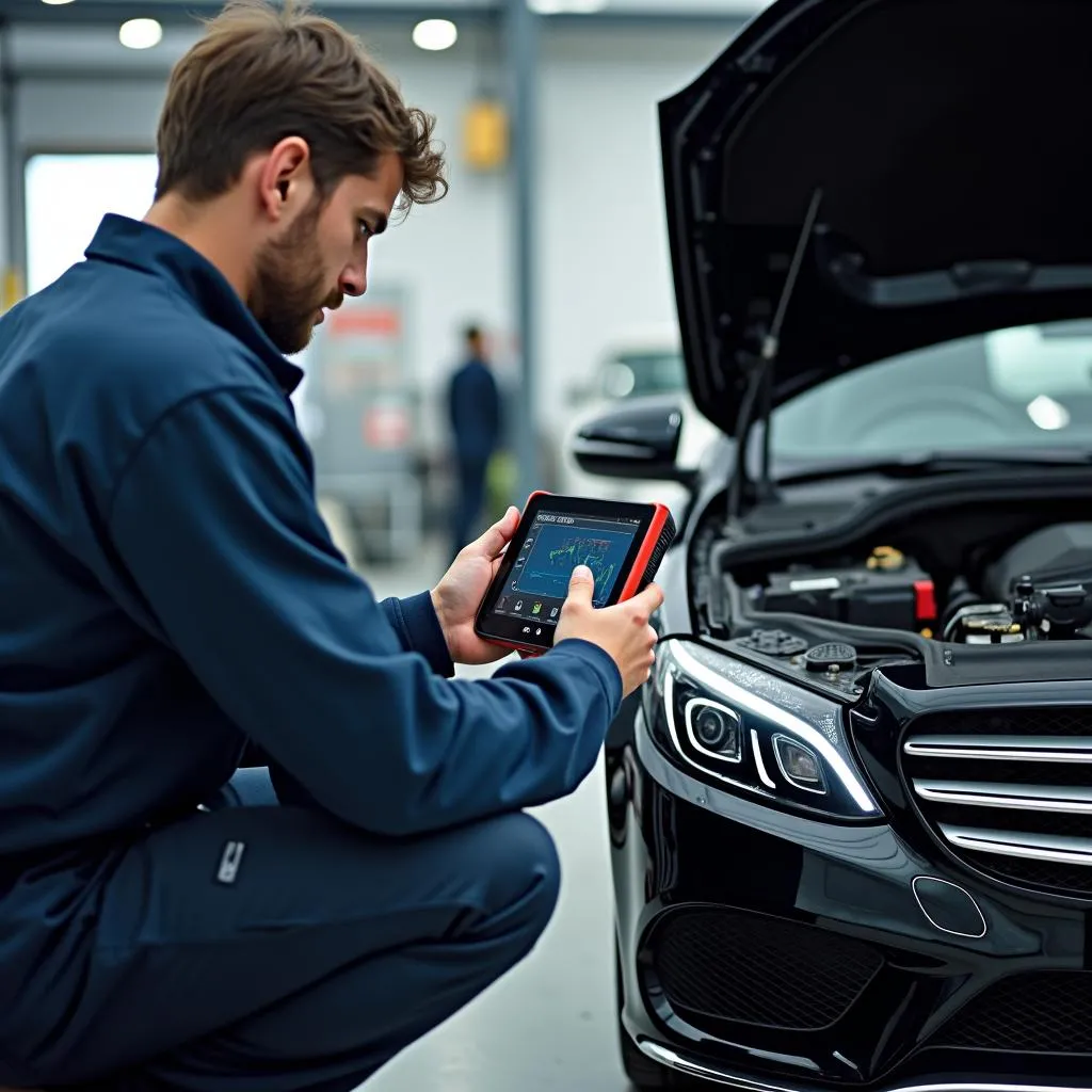 Mécanicien automobile analysant le système électrique d'une Mercedes-Benz avec un analyseur.