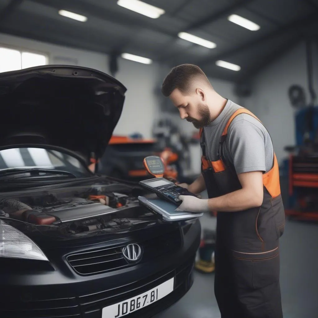 Mécanicien automobile utilisant un outil de diagnostic professionnel