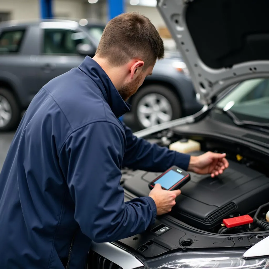 Mécanicien automobile diagnostiquant le moteur d'une voiture européenne