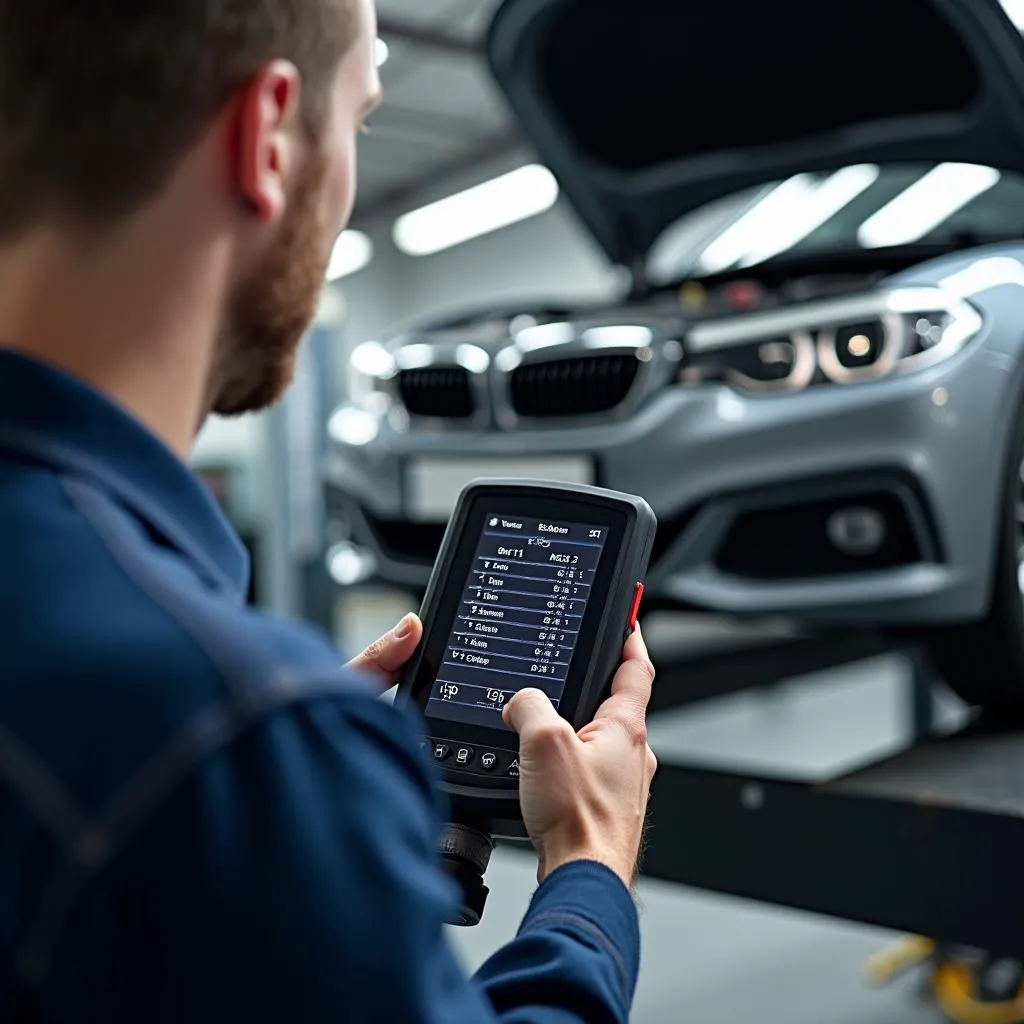 Mécanicien automobile diagnostiquant une voiture avec un outil de diagnostic