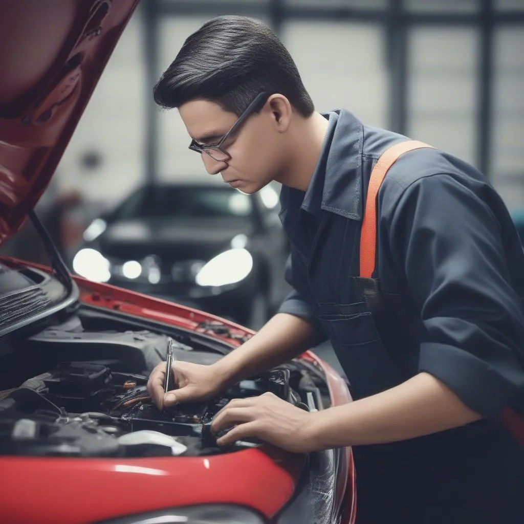 Mécanicien automobile diagnostique une voiture avec un ordinateur