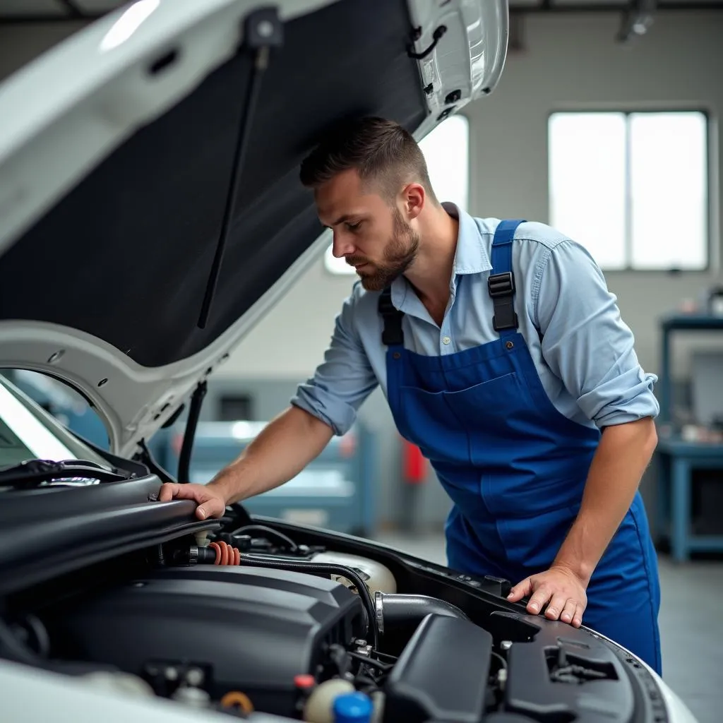 Mécanicien automobile examinant le moteur d'une voiture dans un garage