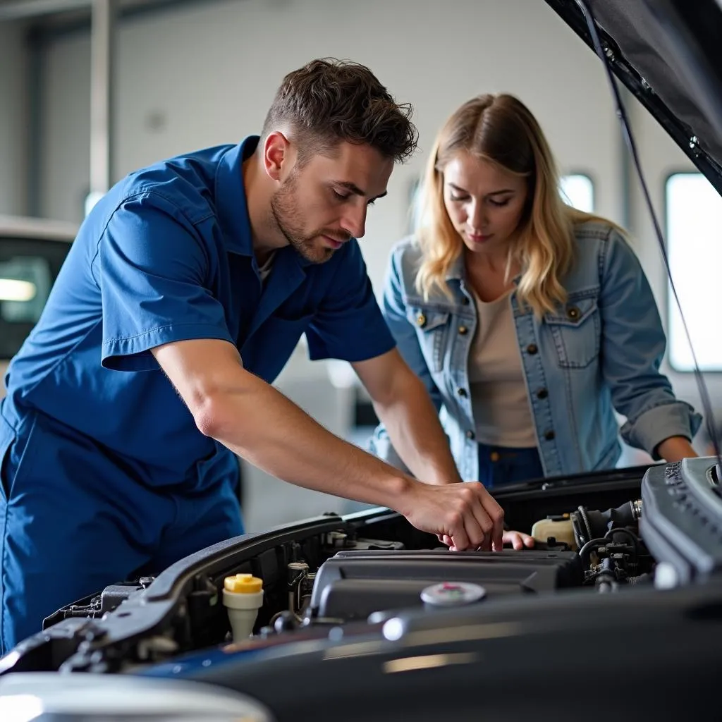 Mécanicien automobile expliquant le fonctionnement d'un moteur à un client