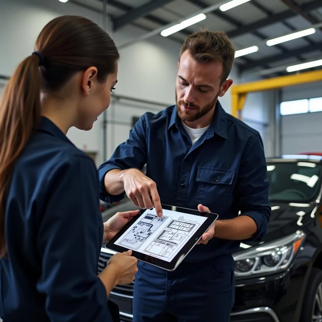 Mécanicien automobile expliquant un problème à un client