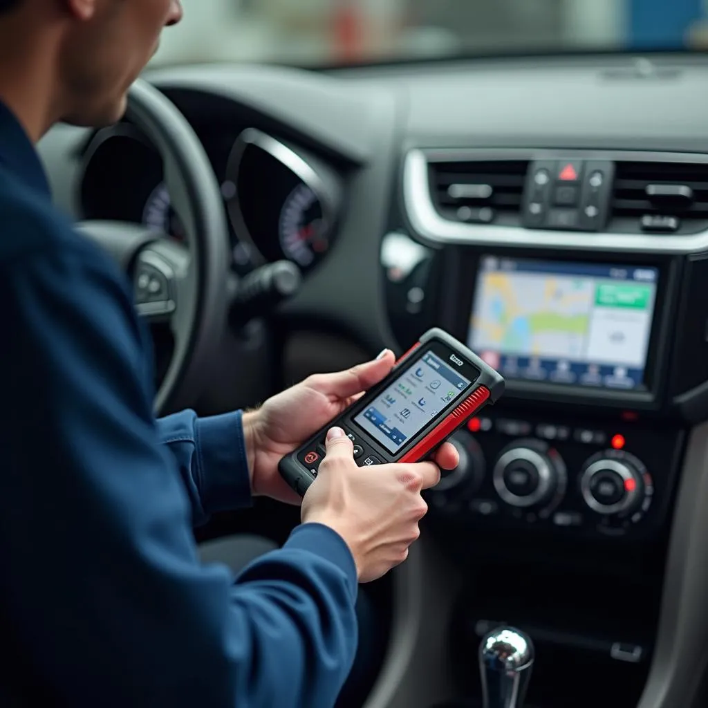 Mécanicien automobile utilisant un outil de diagnostic sur une voiture