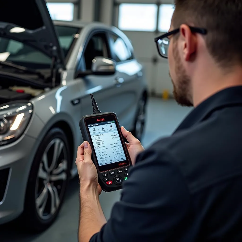 Mécanicien automobile utilisant un outil de diagnostic Autel