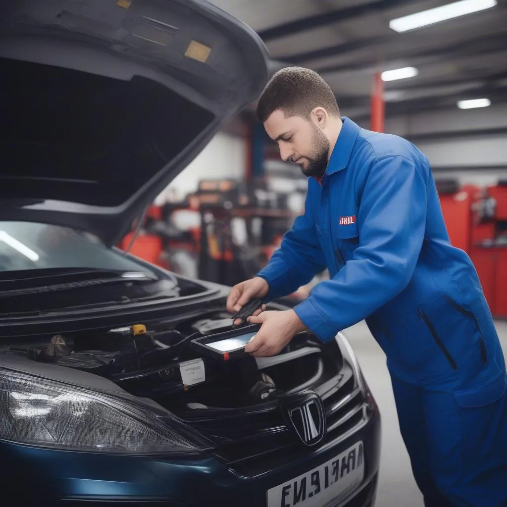 Mécanicien automobile à Paris utilisant un outil de diagnostic