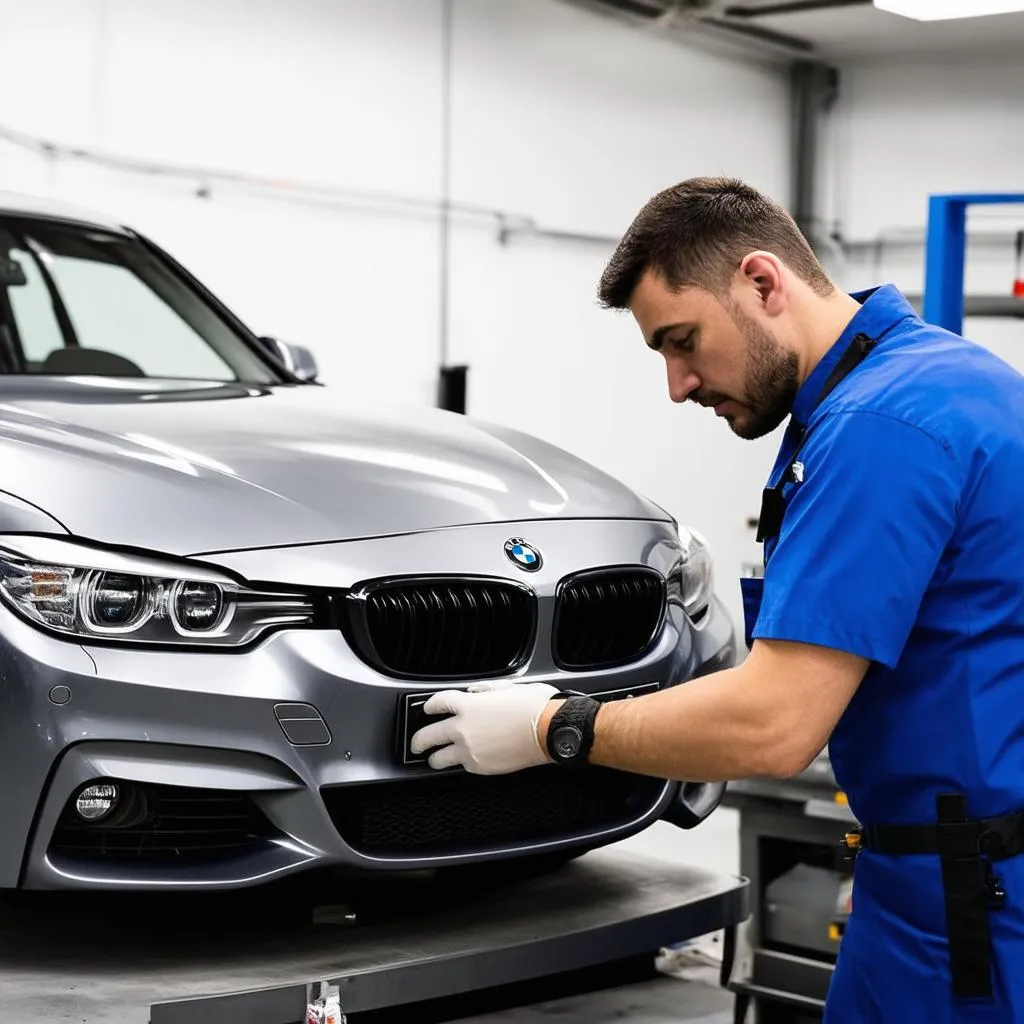 Un mécanicien travaillant sur une BMW