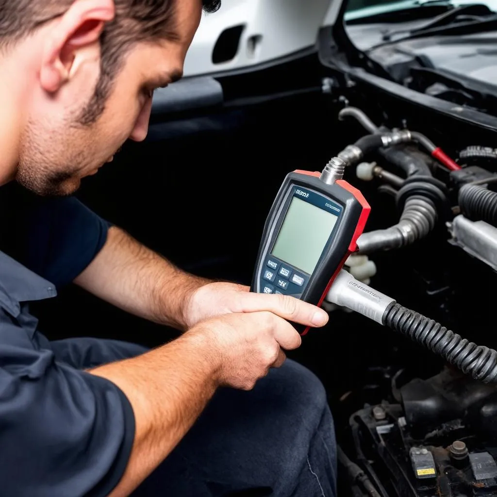 Mécanicien branchant un outil de diagnostic sur une voiture