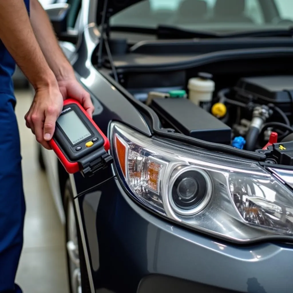 Mécanicien connectant un lecteur OBD2 à une Toyota Camry