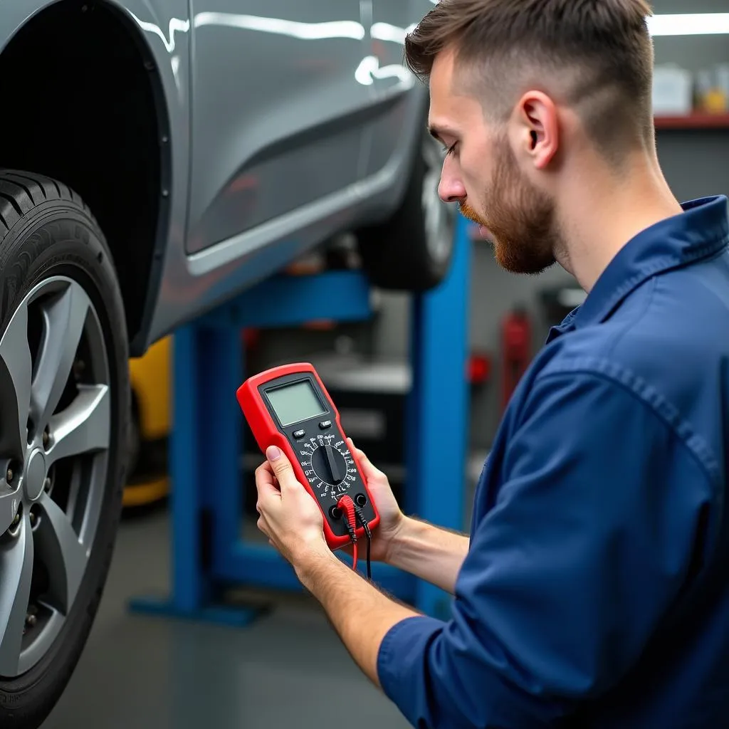 Mécanicien contrôlant la batterie d'une voiture