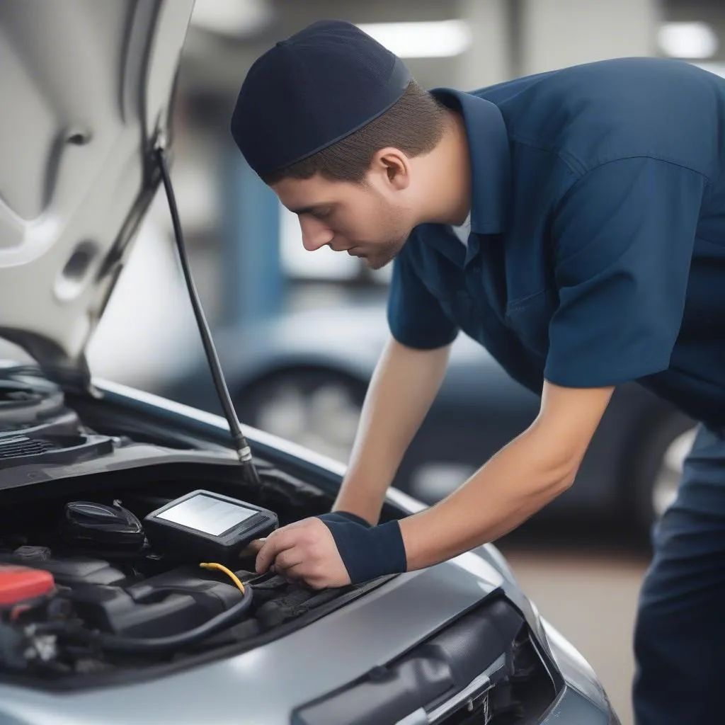 Mécanicien utilisant un scanner de diagnostic automobile