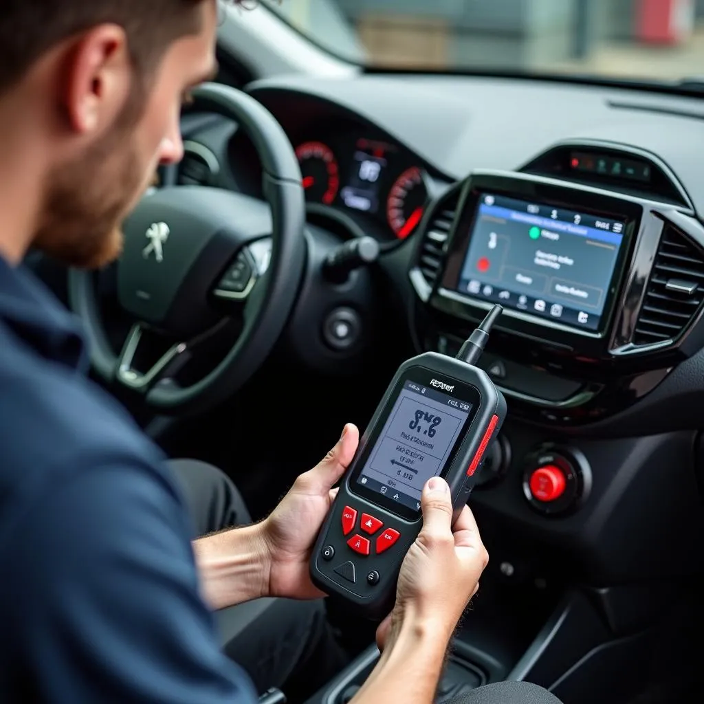 Mécanicien effectuant un diagnostic du PCM sur une Peugeot 208