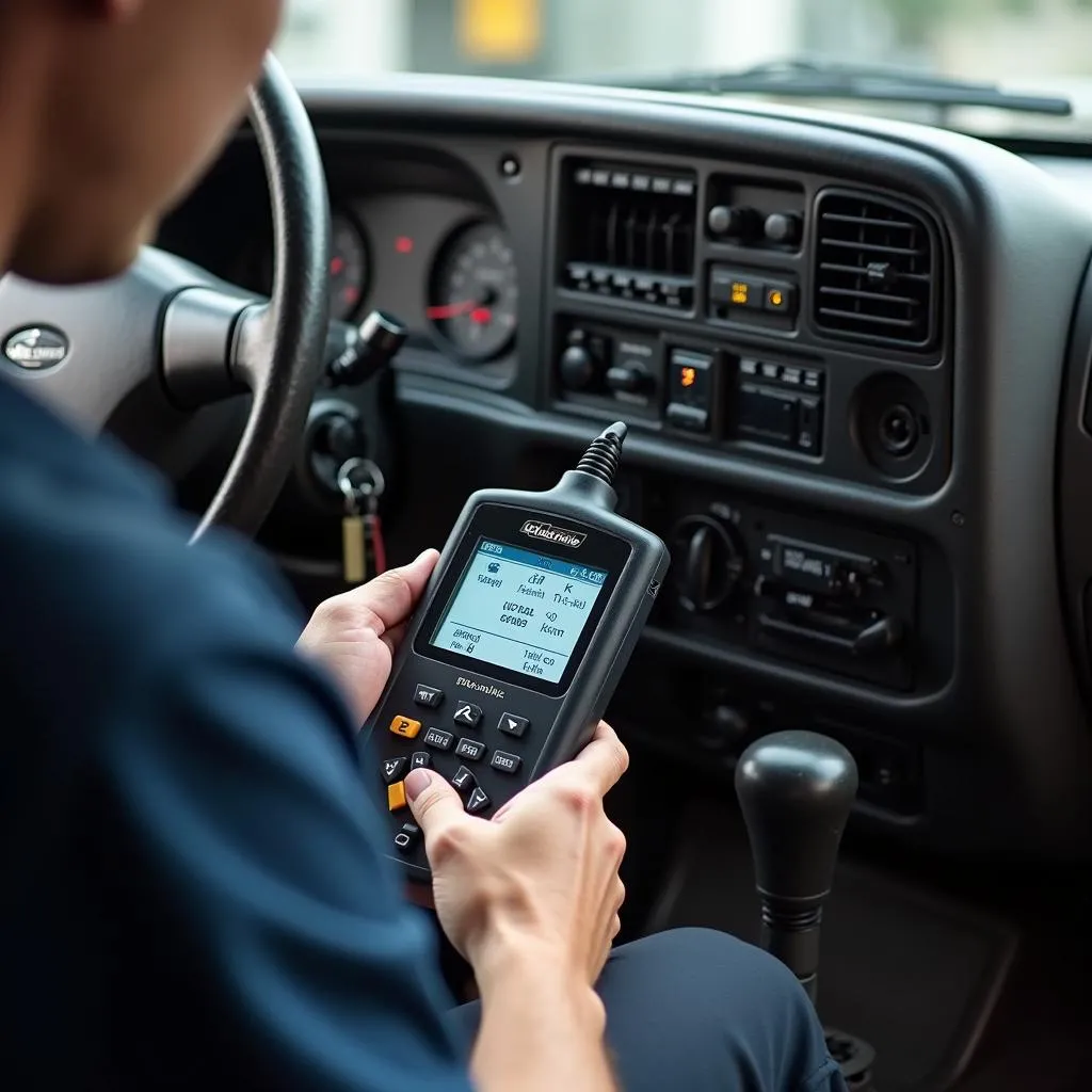 Un mécanicien utilisant un outil de diagnostic sur un Chevrolet S10 1997 pour identifier les codes OBD.