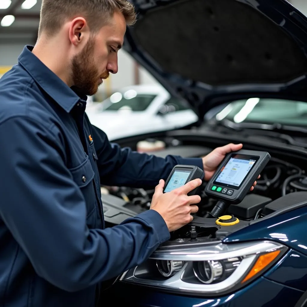 Mécanicien diagnostiquant un problème électrique sur une voiture