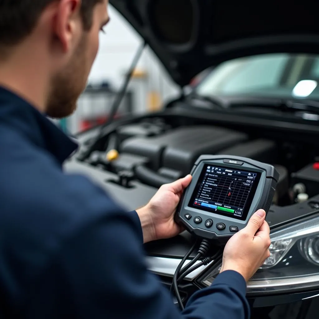 Mécanicien diagnostiquant une voiture en atelier