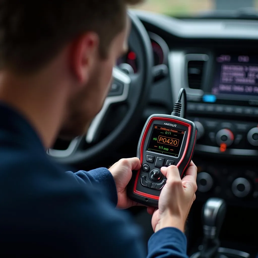 Mécanicien diagnostiquant une voiture avec un outil de diagnostic pour le code P0420