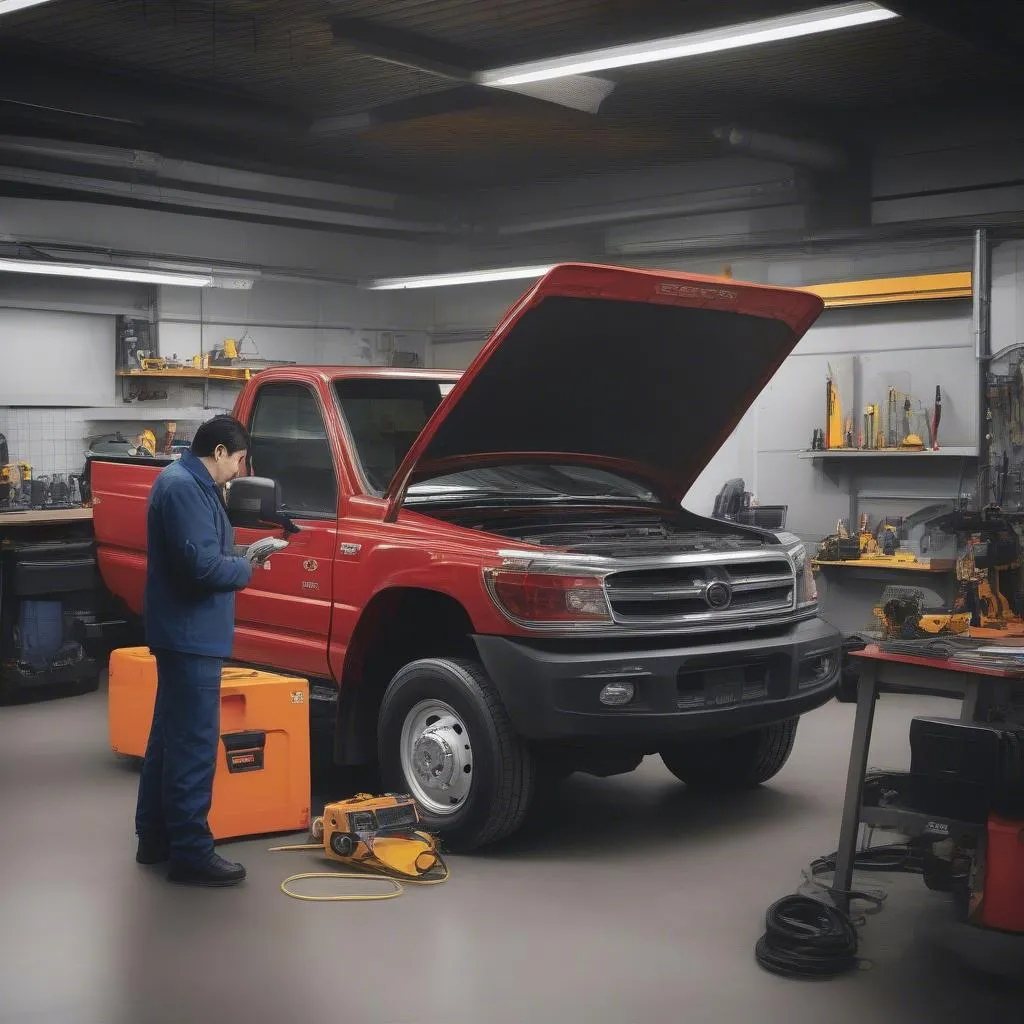 Mécanicien utilisant un outil de diagnostic sur un camion Hino