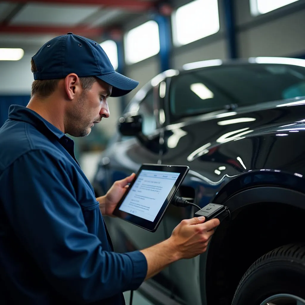 Un mécanicien diagnostique une voiture à l'aide d'une tablette électronique connectée à la prise OBD